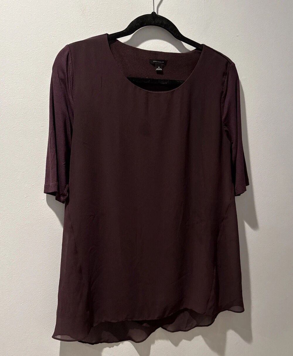 Ann Taylor Top Burgundy Maroon 3/4 Sleeve Layered Tunic Size Medium